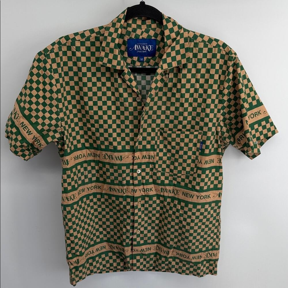 AWAKE New York Camp logo checker print short sleeve button up shirt sz M